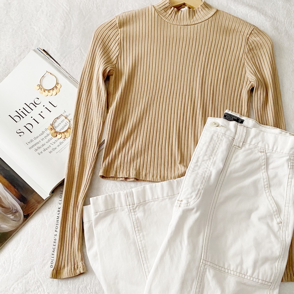 Tan Semi Cropped Funnel Neck Ribbed Top